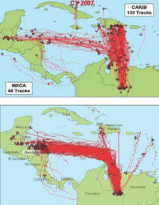 The top graphic shows suspected drug flights in 2007 largely doing to the Caribbean. The bottom graphic shows the 2011 flights largely going to Honduras. Image is from the Joint Interagency Task Forth South.